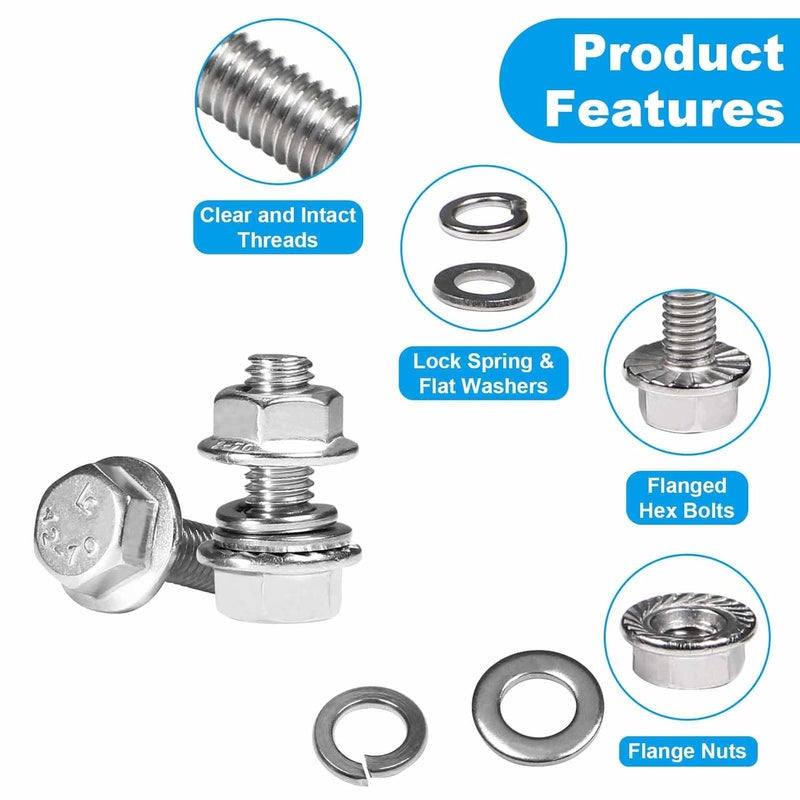 Yinpecly 15 Sets 1/4-20 x 3/4" Flanged Hex Head Bolts Kits, 1/4-20 Flange Hexagon Screws and Nuts,Flat & Spring Lock Washers, 304 Stainless Steel 18-8,Fully Threaded - Image 3